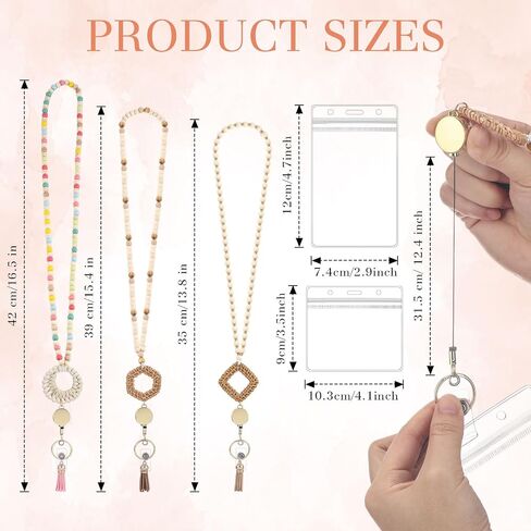 3 Pcs Teacher Lanyard with ID Holder and Retractable Badge Reel and Keychain Cute Colorful Wooden Beaded Lanyards with Boho Tassel Key Ring in Saudi Arabia