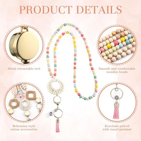 3 Pcs Teacher Lanyard with ID Holder and Retractable Badge Reel and Keychain Cute Colorful Wooden Beaded Lanyards with Boho Tassel Key Ring in Saudi Arabia