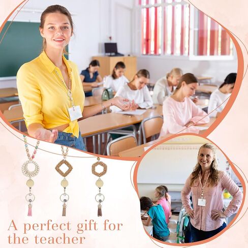 3 Pcs Teacher Lanyard with ID Holder and Retractable Badge Reel and Keychain Cute Colorful Wooden Beaded Lanyards with Boho Tassel Key Ring in Saudi Arabia