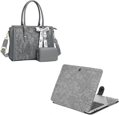 MOSISO Embossed Retro Hibiscus PU Leather Portfolio Protective Stand Cover&Laptop Tote Bag for Women, 17-17.3 inch PU Leather Embossed Retro Hibiscus Computer Bag with Silk Scarf & Clutch Purse, Gray in Saudi Arabia