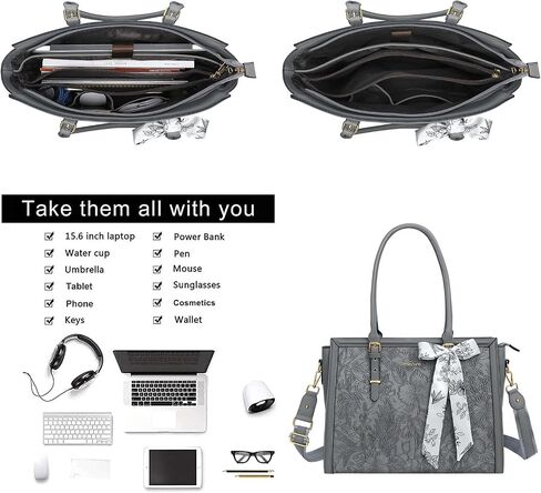 MOSISO Embossed Retro Hibiscus PU Leather Portfolio Protective Stand Cover&Laptop Tote Bag for Women, 17-17.3 inch PU Leather Embossed Retro Hibiscus Computer Bag with Silk Scarf & Clutch Purse, Gray in Saudi Arabia