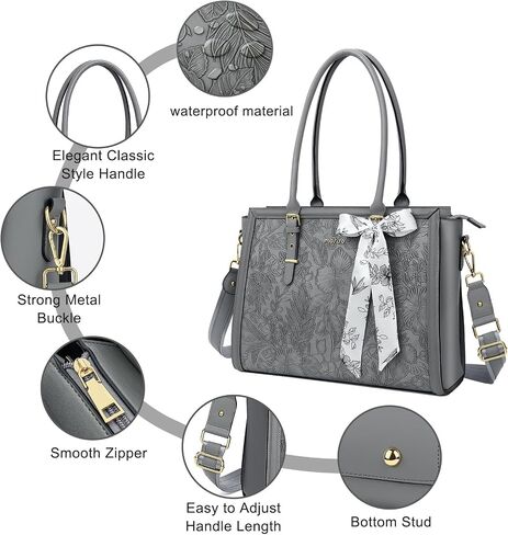 MOSISO Embossed Retro Hibiscus PU Leather Portfolio Protective Stand Cover&Laptop Tote Bag for Women, 17-17.3 inch PU Leather Embossed Retro Hibiscus Computer Bag with Silk Scarf & Clutch Purse, Gray in Saudi Arabia