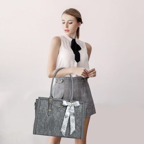 MOSISO Embossed Retro Hibiscus PU Leather Portfolio Protective Stand Cover&Laptop Tote Bag for Women, 17-17.3 inch PU Leather Embossed Retro Hibiscus Computer Bag with Silk Scarf & Clutch Purse, Gray in Saudi Arabia