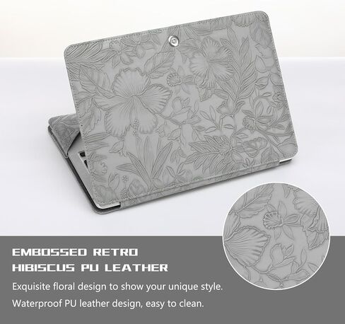 MOSISO Embossed Retro Hibiscus PU Leather Portfolio Protective Stand Cover&Laptop Tote Bag for Women, 17-17.3 inch PU Leather Embossed Retro Hibiscus Computer Bag with Silk Scarf & Clutch Purse, Gray in Saudi Arabia