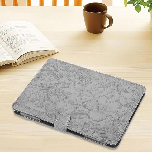 MOSISO Embossed Retro Hibiscus PU Leather Portfolio Protective Stand Cover&Laptop Tote Bag for Women, 17-17.3 inch PU Leather Embossed Retro Hibiscus Computer Bag with Silk Scarf & Clutch Purse, Gray in Saudi Arabia