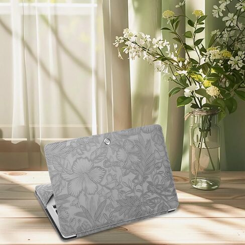 MOSISO Embossed Retro Hibiscus PU Leather Portfolio Protective Stand Cover&Laptop Tote Bag for Women, 17-17.3 inch PU Leather Embossed Retro Hibiscus Computer Bag with Silk Scarf & Clutch Purse, Gray in Saudi Arabia