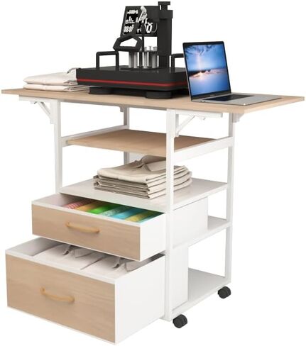 Movable Heat Press Table with Storage Drawers - Locking Wheels, Foldable Heat Press Stand with Pull-Out Tray for Home Business, Custom T-Shirt Design (White) in Kuwait