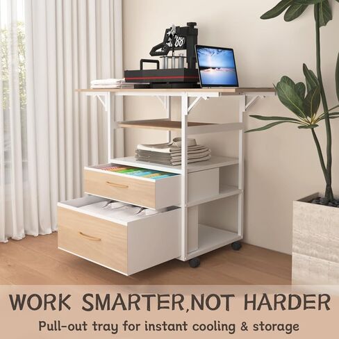 Movable Heat Press Table with Storage Drawers - Locking Wheels, Foldable Heat Press Stand with Pull-Out Tray for Home Business, Custom T-Shirt Design (White) in Kuwait