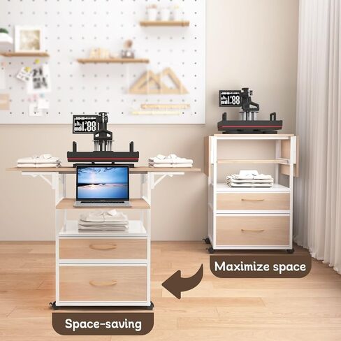 Movable Heat Press Table with Storage Drawers - Locking Wheels, Foldable Heat Press Stand with Pull-Out Tray for Home Business, Custom T-Shirt Design (White) in Kuwait