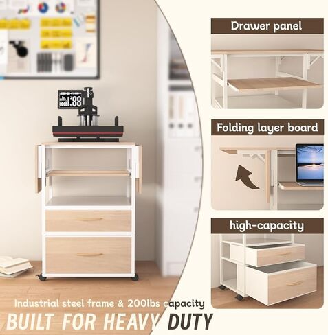 Movable Heat Press Table with Storage Drawers - Locking Wheels, Foldable Heat Press Stand with Pull-Out Tray for Home Business, Custom T-Shirt Design (White) in Kuwait
