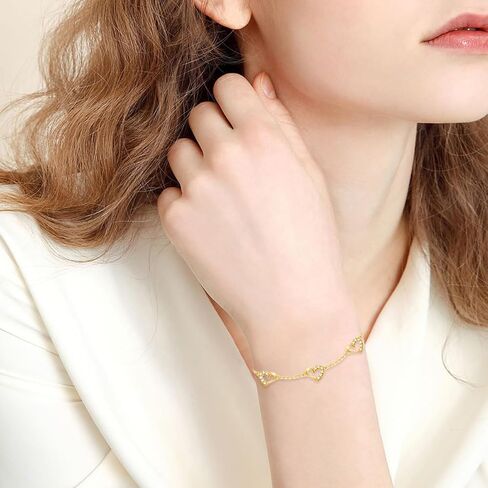 SISGEM Real 10k Gold Three Heart Bracelet for Women, 10 kt Gold Cubic Zirconia Love Wrist Jewelry Gifts for Sister/Wife/Girlfriend, Present for Her, 6.8-8.4 Inch in Kuwait