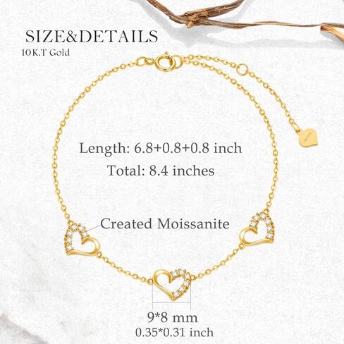 SISGEM Real 10k Gold Three Heart Bracelet for Women, 10 kt Gold Cubic Zirconia Love Wrist Jewelry Gifts for Sister/Wife/Girlfriend, Present for Her, 6.8-8.4 Inch in Kuwait