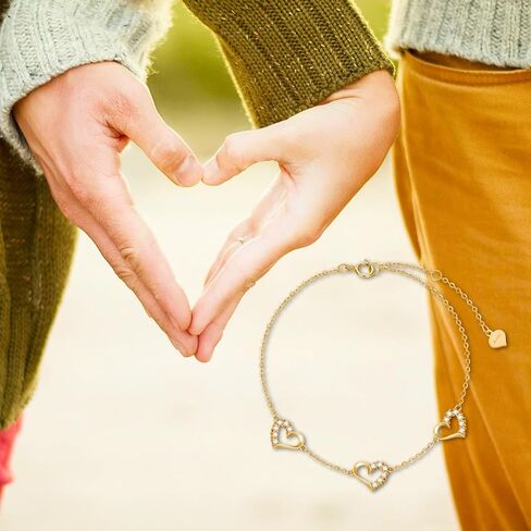 SISGEM Real 10k Gold Three Heart Bracelet for Women, 10 kt Gold Cubic Zirconia Love Wrist Jewelry Gifts for Sister/Wife/Girlfriend, Present for Her, 6.8-8.4 Inch in Kuwait