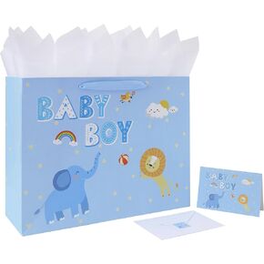 16.5'' Extra Large Baby Boy Gift Bag Set with Handles, Greeting Card, Tissue Papers and Stickers for Boys Kids Teens, for Baby Boy, Baby Shower, Kids Birthday Party, Newborn, New Moms or Parents, Elephant and Lion Design, 1 Pcs in Kuwait
