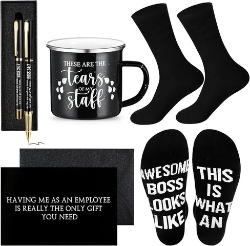 ReliThick 6 Pcs Funny Boss Gift for Men Included 12 oz Tears of My Staff Enamel Mug Socks Ballpoint Pen with Pen Box Card Envelope Boss's Day Birthday Retirement Gift for Bosses Leader Manager (Brown) in Kuwait