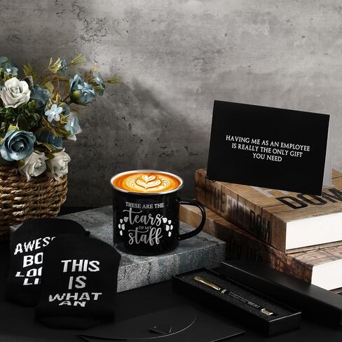 ReliThick 6 Pcs Funny Boss Gift for Men Included 12 oz Tears of My Staff Enamel Mug Socks Ballpoint Pen with Pen Box Card Envelope Boss's Day Birthday Retirement Gift for Bosses Leader Manager (Brown) in Kuwait