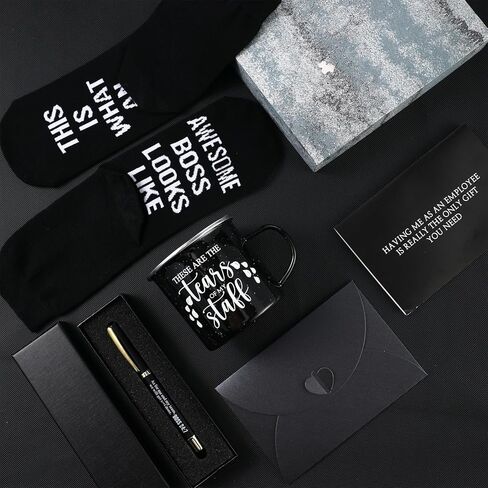 ReliThick 6 Pcs Funny Boss Gift for Men Included 12 oz Tears of My Staff Enamel Mug Socks Ballpoint Pen with Pen Box Card Envelope Boss's Day Birthday Retirement Gift for Bosses Leader Manager (Brown) in Kuwait