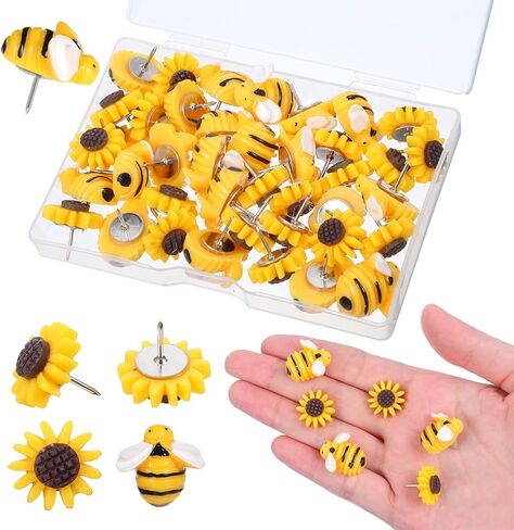40 Pcs Sunflower Bee Push Pin Resin Flowers Bees Decorative Thumb Tacks with Box Push Pins Cork Board PushPins Thumbtacks for Bulletin Board Photos Wall Pin Home Office Decors Office Supplies in Saudi Arabia