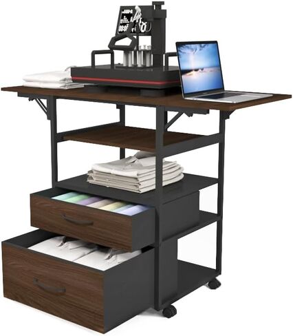 Movable Heat Press Table with Storage Drawers - Locking Wheels, Foldable Heat Press Stand with Pull-Out Tray for Home Business, Custom T-Shirt Design (White) in Kuwait
