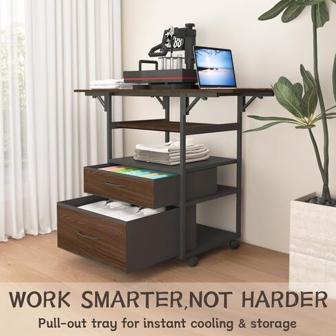 Movable Heat Press Table with Storage Drawers - Locking Wheels, Foldable Heat Press Stand with Pull-Out Tray for Home Business, Custom T-Shirt Design (White) in Kuwait