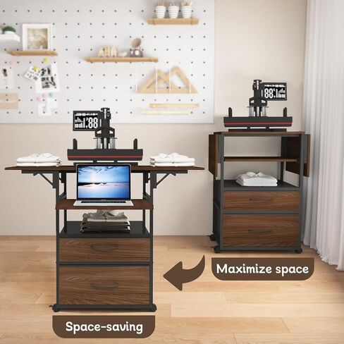 Movable Heat Press Table with Storage Drawers - Locking Wheels, Foldable Heat Press Stand with Pull-Out Tray for Home Business, Custom T-Shirt Design (White) in Kuwait