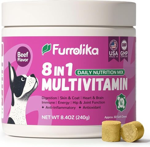 Furrolika Multivitamin Chews للكلاب - فيتامينات الكلاب والمكملات الغذائية مع الجلوكوزامين ، الشوندرويتين ، الإنزيمات الهضمية ، البروبيوتيك - الورك والمفاصل ، الجهاز المناعي ، دعم الجلد والمعطف - 60 مضغًا ناعمًا in Kuwait