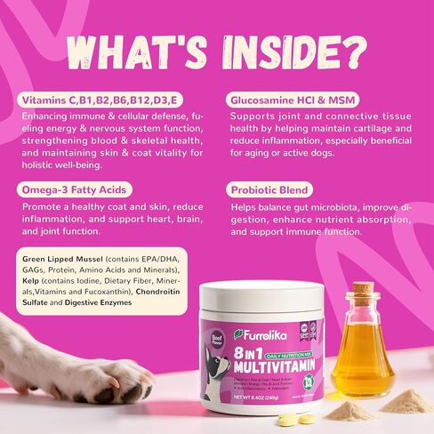Furrolika Multivitamin Chews للكلاب - فيتامينات الكلاب والمكملات الغذائية مع الجلوكوزامين ، الشوندرويتين ، الإنزيمات الهضمية ، البروبيوتيك - الورك والمفاصل ، الجهاز المناعي ، دعم الجلد والمعطف - 60 مضغًا ناعمًا in Kuwait