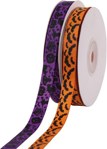 2 Rolls 50 Yards Halloween Ribbons, Gothic Orange Pumpkin Purple & Black Bat Grosgrain Wired Ribbon for Bow Wreath Gift Wrapping Fall Autumn Holiday Decoration Craft Sewing Accessories Supplies in Saudi Arabia