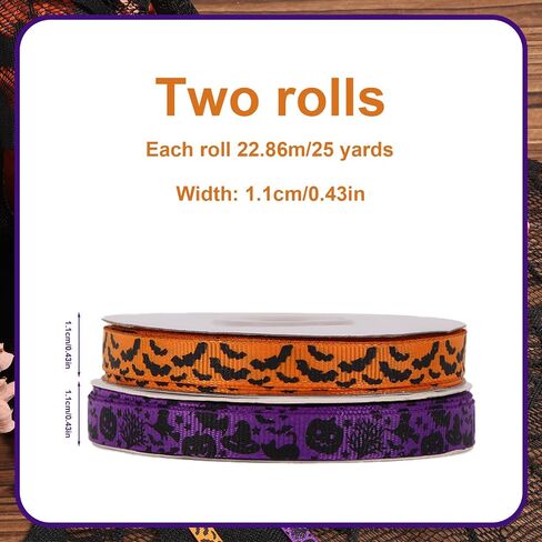 2 Rolls 50 Yards Halloween Ribbons, Gothic Orange Pumpkin Purple & Black Bat Grosgrain Wired Ribbon for Bow Wreath Gift Wrapping Fall Autumn Holiday Decoration Craft Sewing Accessories Supplies in Saudi Arabia