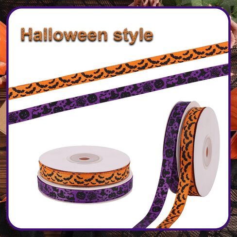 2 Rolls 50 Yards Halloween Ribbons, Gothic Orange Pumpkin Purple & Black Bat Grosgrain Wired Ribbon for Bow Wreath Gift Wrapping Fall Autumn Holiday Decoration Craft Sewing Accessories Supplies in Saudi Arabia