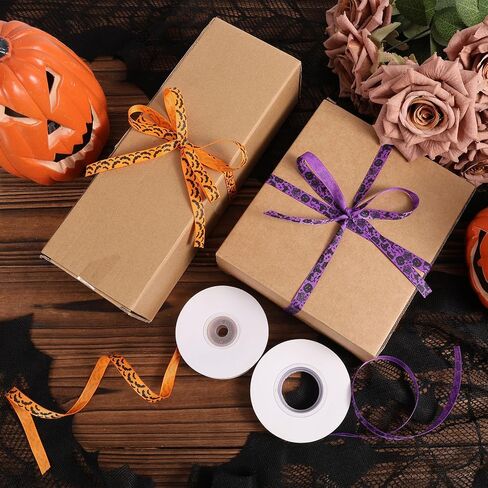 2 Rolls 50 Yards Halloween Ribbons, Gothic Orange Pumpkin Purple & Black Bat Grosgrain Wired Ribbon for Bow Wreath Gift Wrapping Fall Autumn Holiday Decoration Craft Sewing Accessories Supplies in Saudi Arabia