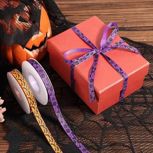 2 Rolls 50 Yards Halloween Ribbons, Gothic Orange Pumpkin Purple & Black Bat Grosgrain Wired Ribbon for Bow Wreath Gift Wrapping Fall Autumn Holiday Decoration Craft Sewing Accessories Supplies in Saudi Arabia