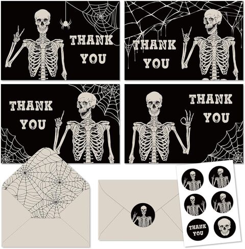 Whaline 32 Pack Halloween Thank You Cards Black Smiling Skildon بطاقات المعايدة بطاقات ملاحظات فارغة مع مظروف وملصقات لحفل عيد ميلاد العطلات ، 4 × 6 بوصة in Saudi Arabia