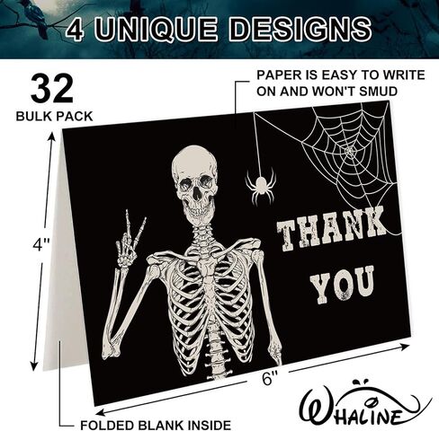 Whaline 32 Pack Halloween Thank You Cards Black Smiling Skildon بطاقات المعايدة بطاقات ملاحظات فارغة مع مظروف وملصقات لحفل عيد ميلاد العطلات ، 4 × 6 بوصة in Saudi Arabia