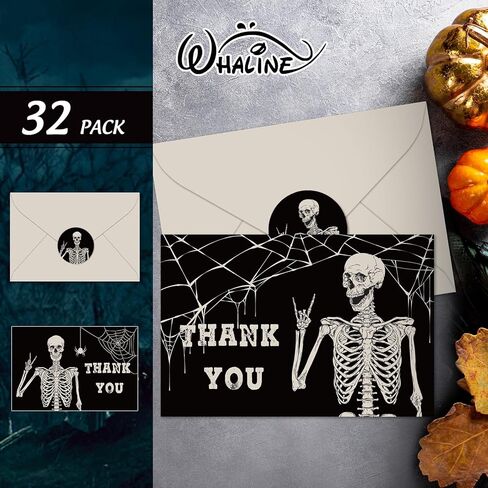Whaline 32 Pack Halloween Thank You Cards Black Smiling Skildon بطاقات المعايدة بطاقات ملاحظات فارغة مع مظروف وملصقات لحفل عيد ميلاد العطلات ، 4 × 6 بوصة in Saudi Arabia