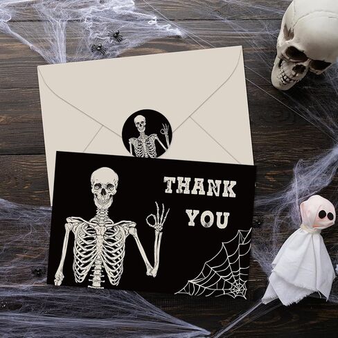 Whaline 32 Pack Halloween Thank You Cards Black Smiling Skildon بطاقات المعايدة بطاقات ملاحظات فارغة مع مظروف وملصقات لحفل عيد ميلاد العطلات ، 4 × 6 بوصة in Saudi Arabia