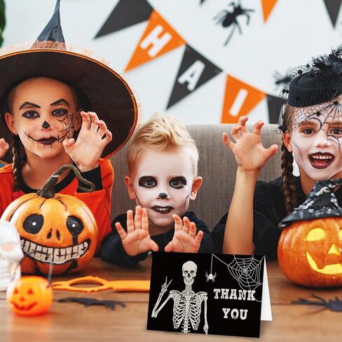Whaline 32 Pack Halloween Thank You Cards Black Smiling Skildon بطاقات المعايدة بطاقات ملاحظات فارغة مع مظروف وملصقات لحفل عيد ميلاد العطلات ، 4 × 6 بوصة in Saudi Arabia