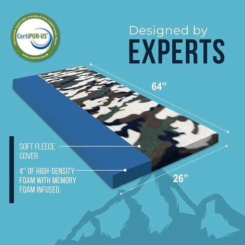 Foamma 4 '' X 26 '' X 64 '' Memory Foam Foam Foam Camouflage Camping Camping مع غطاء سحاب من الصوف الناعم ، قابلة للطي ومحمولة ، ريف ، خيمة ، سرير ضيوف ، في الهواء الطلق ، مرغوب معتمد in Saudi Arabia