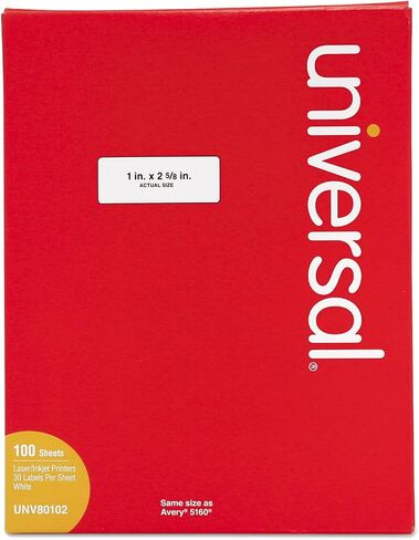 Universal White Labels, Inkjet/Laser Printers, 1 X 2.63, White, 30/Sheet, 100 Sheets/Box in Kuwait