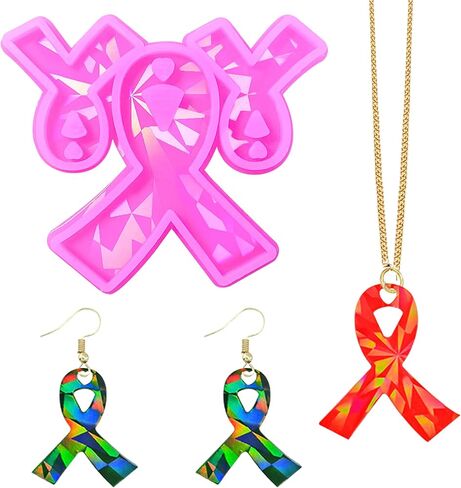 Ysqool Pink Ribbon Silicone Mold Holographic Breast Cancer Awareness Ribbon Keychain Mold with Hole for DIY Pendant Earrings Making Jewelry Casting Fondant Chocolate Cake Decoration in Saudi Arabia