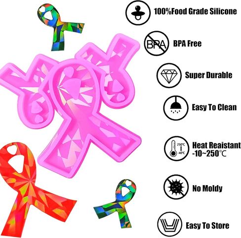 Ysqool Pink Ribbon Silicone Mold Holographic Breast Cancer Awareness Ribbon Keychain Mold with Hole for DIY Pendant Earrings Making Jewelry Casting Fondant Chocolate Cake Decoration in Saudi Arabia