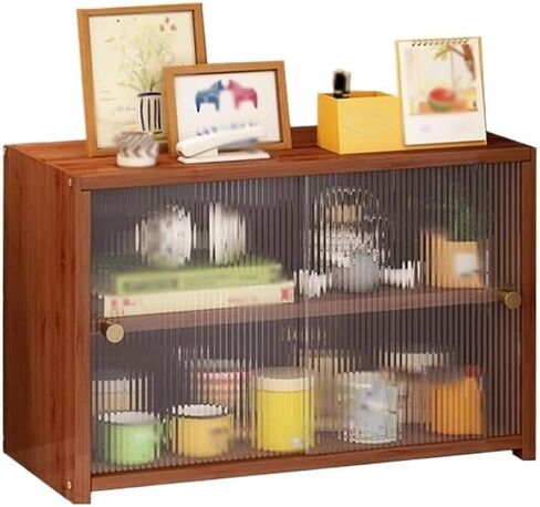 Bookcase Bamboo Desktop Storage Rack, with Push Pull Sliding Plastic Doors Freestanding Counter Top Bookshelf, Adjustable Desktop Display Shelf Modern(L67xW28xH34 cm) in Saudi Arabia