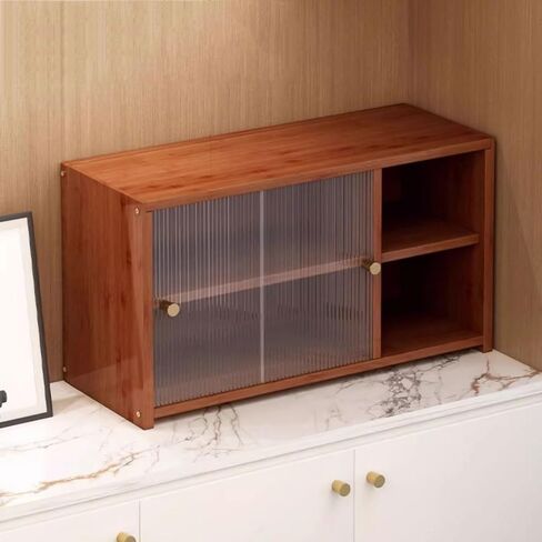 Bookcase Bamboo Desktop Storage Rack, with Push Pull Sliding Plastic Doors Freestanding Counter Top Bookshelf, Adjustable Desktop Display Shelf Modern(L67xW28xH34 cm) in Saudi Arabia