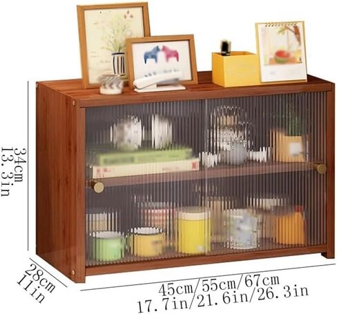 Bookcase Bamboo Desktop Storage Rack, with Push Pull Sliding Plastic Doors Freestanding Counter Top Bookshelf, Adjustable Desktop Display Shelf Modern(L67xW28xH34 cm) in Saudi Arabia