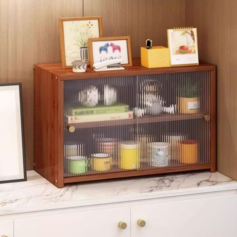 Bookcase Bamboo Desktop Storage Rack, with Push Pull Sliding Plastic Doors Freestanding Counter Top Bookshelf, Adjustable Desktop Display Shelf Modern(L67xW28xH34 cm) in Saudi Arabia