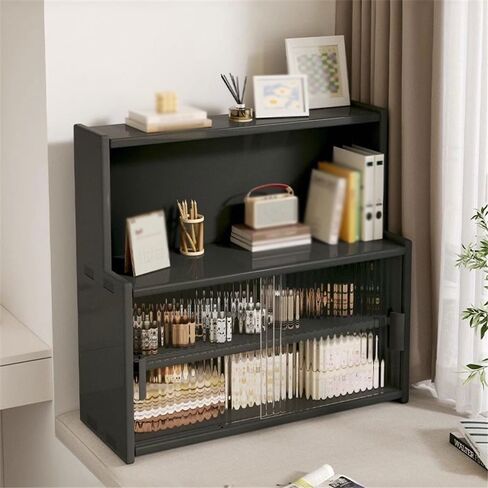Bookcase Wooden Desktop Bookshelf with Push Pull Sliding Tempered Glass Doors, Adjustable Small Bookshelf, Freestanding Desk Storage Organiser for Office Home Modern(Cherry Wood Colour) in Kuwait