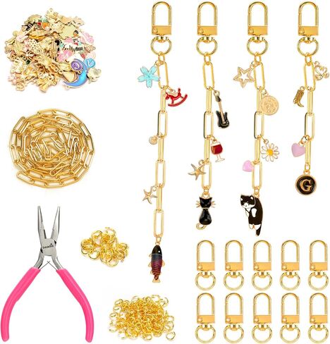 Jongdari 152PCS DIY Keychain Making Kit ، Make Charm Making Supplies مع 50 مقاطع سحر سلسلة مفاتيح ، 10 مقاطع معدنية ، روابط سلسلة موسعة 1 متر ، كماشة - الذهب - الذهب in Kuwait