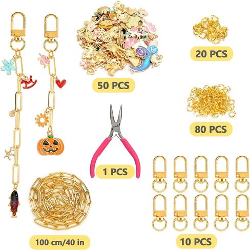 Jongdari 152PCS DIY Keychain Making Kit ، Make Charm Making Supplies مع 50 مقاطع سحر سلسلة مفاتيح ، 10 مقاطع معدنية ، روابط سلسلة موسعة 1 متر ، كماشة - الذهب - الذهب in Kuwait