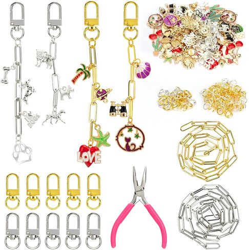 Jongdari 152PCS DIY Keychain Making Kit ، Make Charm Making Supplies مع 50 مقاطع سحر سلسلة مفاتيح ، 10 مقاطع معدنية ، روابط سلسلة موسعة 1 متر ، كماشة - الذهب - الذهب in Kuwait