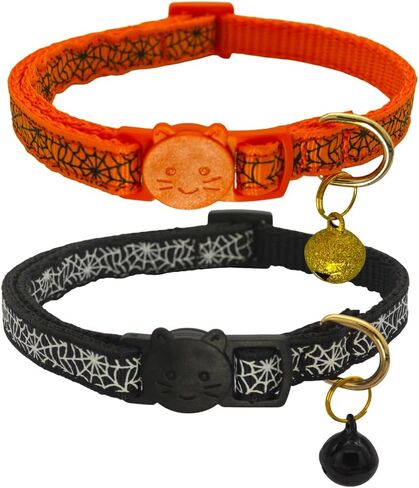 2 Pack Halloween Prepanway Cat ، مع تصميم الويب العنكبوت ، وربع السلامة وجرس قابلة للإزالة من الياقات القطنية ، قابلة للتعديل من 7.5 إلى 12.5 بوصة (Orange & Black) in Saudi Arabia